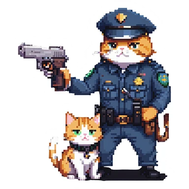 a cop and a cat with a gun, both in a playful pose sticker
