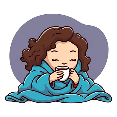 White girl with curly brunette hair inside a blanket sipping coffee with eyes closed, cozy winter morning sticker