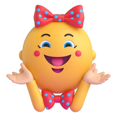 3D smiley emoji, large eyelashes, red polka dot bow, waving with two hands, laughing, blue eyes, cute style sticker