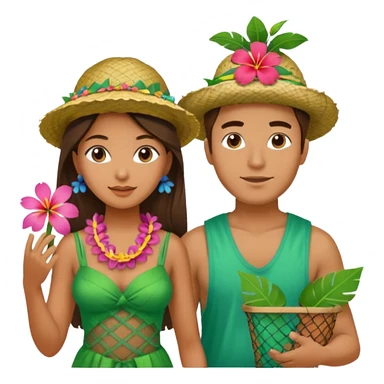 Hawaiian woman man with leaf hat and big trash net and colorful cloth sticker