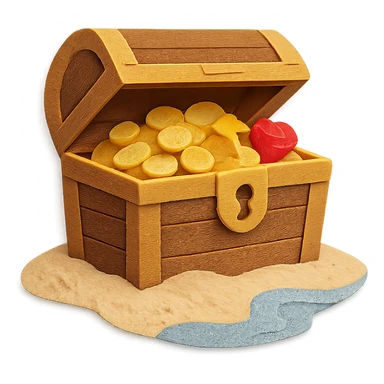 illustration of a treasure chest overflowing with gold coins and jewels on a sandy beach, paper-craft style sticker