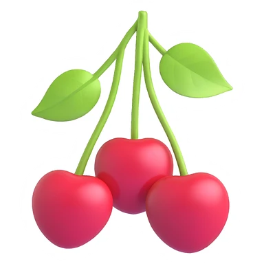 two cherries with green leaves connected by stems, 3D iOS emoji style, depth, shading, glossy finish sticker