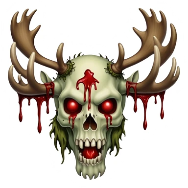 A giant looming Alaskan zombie Titan with blood dripping moose antlers and covered in moss and blood. In the style of your bleeding skull art sticker