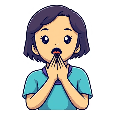 cartoon style girl showing emotional distress, hands at her throat, exaggerated facial features sticker