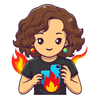 brunette girl with wavy medium length hair, brown eyes, light/medium skin tone, holding iPhone and light phone, wearing black tee shirt with flames on it and colorful beaded charm necklace sticker