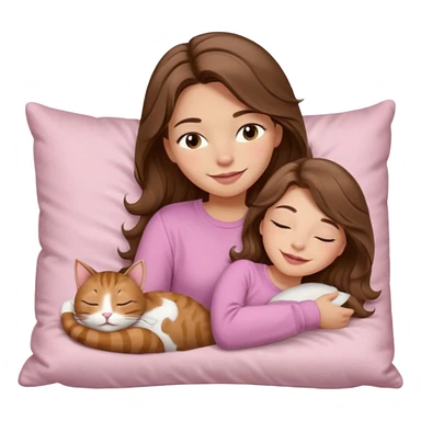 girl with wavy long brown hair, brown eyes, light to medium complexion, long lashes, light pink lipstick, smiling, wearing light pink shirt, sleeping on a cozy pillow, with brown tabby cat  sticker
