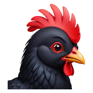 Cinematic Cute Black Chicken Portrait Emoji, Head tilted playfully and inquisitively, featuring sleek, lustrous black feathers and a vibrant red comb, round, sparkling beady eyes filled with curiosity, Simplified yet irresistibly adorable features, highly detailed, glowing with a warm, friendly glow, high shine, affectionate and lively, stylized with a touch of whimsical charm, bright and endearing, soft glowing outline, capturing the essence of a mischievous yet loving chicken, so playful it feels like it could peck out of the screen and into your arms! sticker