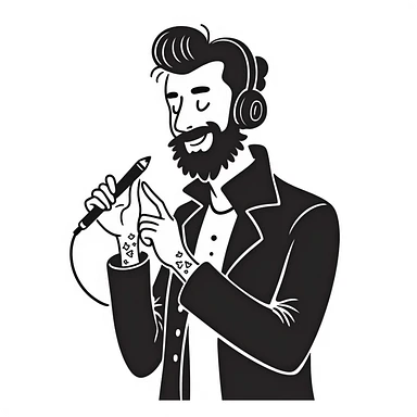 pop rock musician with well-groomed stylish beard, arm tattoos, headphones on ears, smiling confidently, holding microphone in one hand and pencil in other hand sticker