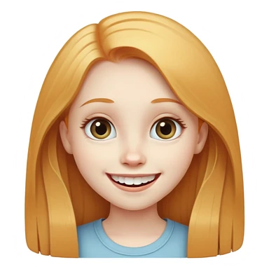 traditional simple emoji of young girl with very pale skin, long straight ginger blonde hair, big eyes, big smile with teeth showing, classic round face sticker