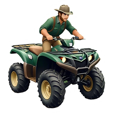 Yamaha Grizzly 700 (2019) – Cinematic-realistic Yamaha Grizzly 700 ATV, its dark green frame tearing through muddy trails. Thick off-road tires grip the rugged terrain as a farmer rides across the paddock, herding cattle with precision under a golden sunset. sticker