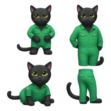 Black cat wearing green overalls with a button missing  sticker