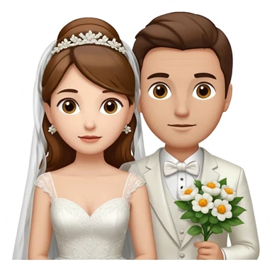 A woman with long brown hair and fair skin, wearing her hair , dressed in a wedding gown with a veil. And a man with short brown hair and fair skin (without a mustache), wearing a white suit with a flower.
 sticker