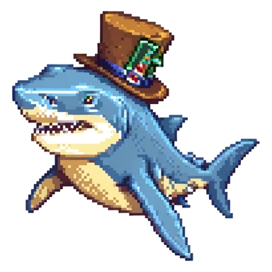 pixel art style blue shark, elegant tophat sticker