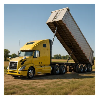 highly photorealistic Volvo yellow semi sleeper truck with a long silver end dump trailer in the raised dump position, parked in a rural country setting with fields and trees, bright daytime lighting, clear sky, truck facing to the left sticker