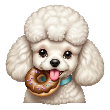 French poodle blanco tamaño mediano hembra con una dona en la boca, todo el cabello esponjoso sin ningún estilo  sticker