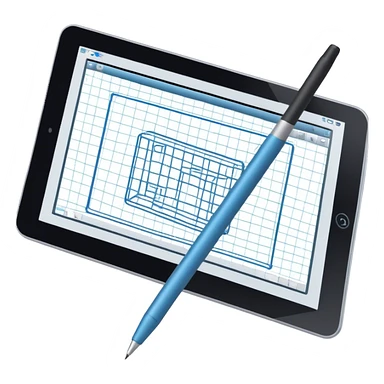 Create an emoji for 3D visualization and modeling. Show a large graphic tablet with a stylus drawing in a 3D modeling program, displaying a wireframe model that pops out from the screen. Use modern, professional colors. Do not include any emojis or smiley faces. Make the background transparent. sticker