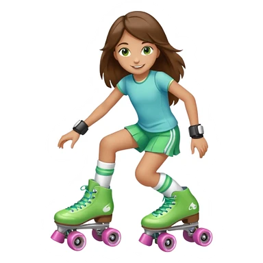 an 8 year old girl with green eyes and long brown hair. smiling. skating on quad style roller skates with white boot. sticker