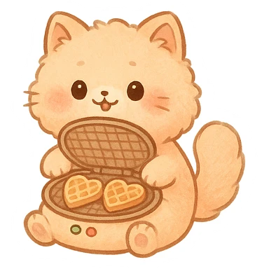 chibi style soft fluffy cat as a waffle maker, showing heart-shaped waffles, pastel orange, full-body sticker