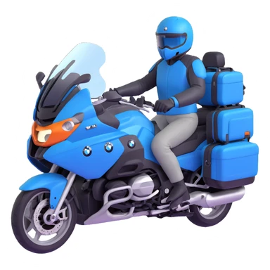 blue BMW R 1200 RT touring motorcycle with rider and saddlebags sticker