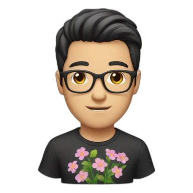 white guy with dark short hair wearing glasses and dark t-shirt with flowers print sticker