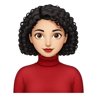 30 yr iranian woman black hair curly wavy short hair, red turtle neck sweater, very thick eyebrows, light skin, dark brown eyes, small smile sticker