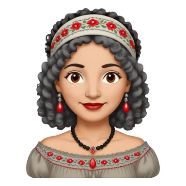 Latina woman, about 50 years old, warm light brown skin, round soft face, curly black and gray hair, red and white headband, medium eyes, thin eyebrows, gentle smile, gray peasant blouse with embroidery, bare shoulders, large dark necklace sticker