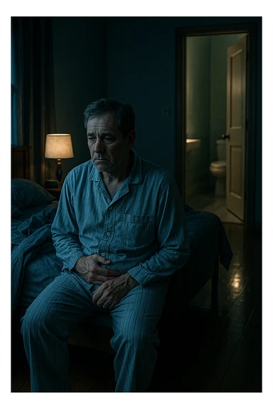 A nighttime scene inside a dimly lit bedroom. A man in his 50s sits stanco sul bordo del letto, con lo sguardo perso nel vuoto, mentre una luce fioca proviene dalla lampada sul comodino. Indossa un pigiama spiegazzato, e si tiene leggermente la zona bassa dell’addome. Dietro di lui, il letto è visibilmente disfatto, segno di sonno interrotto. Una porta socchiusa sullo sfondo mostra la luce accesa in bagno, con il pavimento riflettente che indica i numerosi passaggi notturni. Il tono è cupo ma realistico, con colori freddi, blu e grigi, e un leggero bagliore lunare che filtra dalla finestra. Stile: 35mm film, profondità emotiva, dettaglio ambientale. in italiano sticker