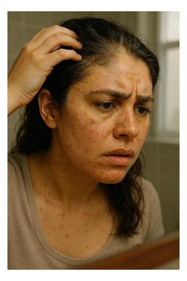 A highly realistic, cinematic close-up portrait of a young woman in her late 20s with medium skin tone, displaying visible folliculitis and seborrheic dermatitis. Small, red, inflamed follicular papules and pustules are scattered along her hairline, jawline, and upper neck, indicating folliculitis. Her scalp and areas around the nose and eyebrows show flaky, greasy yellowish scales, with redness and irritation, indicating seborrheic dermatitis. Her hair appears slightly greasy and clumps near the scalp, emphasizing excess sebum production. She gently touches her irritated scalp with concern while looking at herself in a softly lit bathroom mirror, expressing discomfort and frustration. The environment is neutral and clean, with daylight softly illuminating the scene to highlight the skin and scalp texture. The style is 35mm hyperrealistic, with warm neutral tones and shallow depth of field to maintain focus on her skin, inflammation, and emotional expression, visually explaining the physical discomfort and aesthetic concerns of living with folliculitis and seborrheic dermatitis sticker