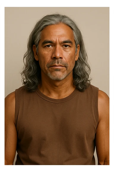 brown tanned man over 40 with long grey hair, neutral expression, upper body, plain background sticker
