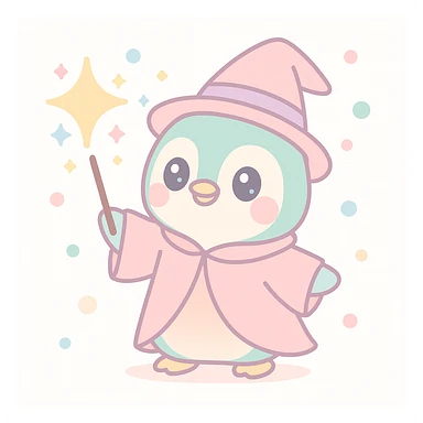 a cute penguin wizard casting a spell, wearing a robe and holding a wand, magical sparkles around sticker