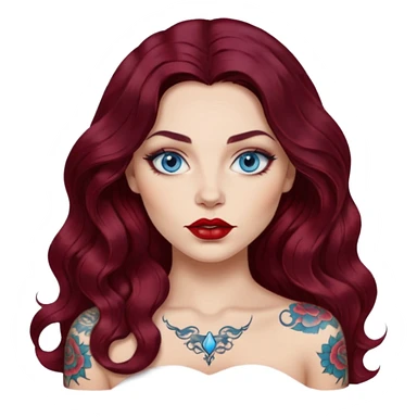  Female long wavy dark burgundy hair, blue eyes, large red lips, tattooed, artist sticker