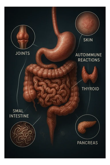 Create a vertical, detailed and realistic depiction of the human digestive system with intestinal parasites, and visual links to autoimmune reactions in specific organs such as joints, skin, thyroid, pancreas, and intestines. Use cinematic clinical lighting and maintain a 2:3 aspect ratio. sticker