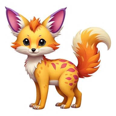 Feral Rare Fantasy vibrant colorful tropical cute, kawaii, cool, ed Vernid-Trico-species by LiLaiRa, random markings, tufted tail, tufted ears, full body, cheek markings sticker
