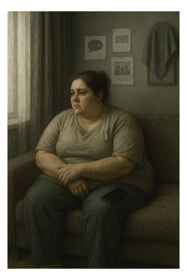Donna tra i 30 e i 40 anni seduta sola su un divano, con espressione malinconica e corpo visibilmente appesantito. Indossa abiti larghi, avvolgenti, e guarda fuori dalla finestra mentre il telefono è spento o con notifiche ignorate accanto a lei. Sullo sfondo, si notano segnali di vita sociale assente: messaggi non letti, inviti ignorati, foto di gruppo a cui non partecipa. L’atmosfera è silenziosa, con luce grigia e ambiente spento. Intorno a lei, simboli di ritiro e insicurezza: tende chiuse, specchio coperto, postura chiusa. Stile realistico, tono delicato ed emotivo sticker