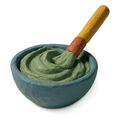 a bowl of clay mask with a brush, claymation style sticker
