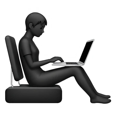 Minimalistic flat vector icon, iOS style, thin black contour on white background. Person silhouette sitting with a laptop, code brackets <> on the screen. Clean, no te sticker