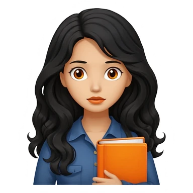 Long Hair Women with orrange Book, Black wavy hair, sad

 sticker