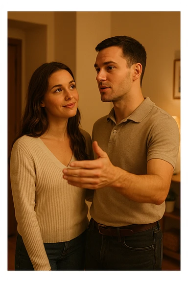 a woman stands slightly behind a man in a domestic setting, looking at him con fiducia e attesa. Il man is upright, with a confident and decisive posture, gently gesturing as if giving direction. The woman’s body language is relaxed and receptive, showing that she trusts and follows his lead. The background is warm and softly lit, emphasizing the couple’s dynamic. sticker