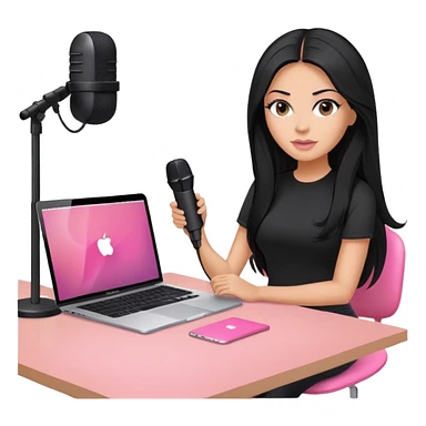 tanned long black hair woman, sat at desk with pink MacBook, podcast microphone black top and pink, sexy, glas table sticker