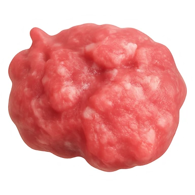 Create a realistic 3D rendering of raw sausage meat in the style of an Apple emoji. The sausage should be pinkish-red with white fat flecks, moist and rustic in appearance, with soft lighting. The image should have no background and be suitable for emoji scale. sticker