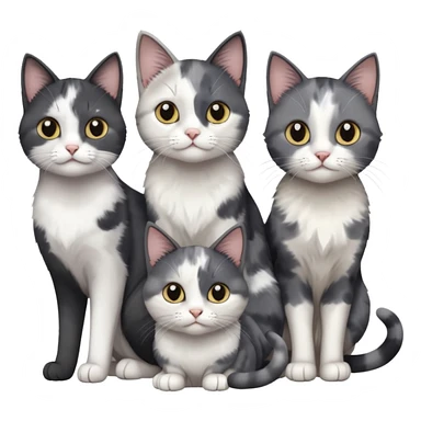 3 different coloured small cats including a dark grey and white, and a patchy calico and a completely solid dark grey with only white paws sticker