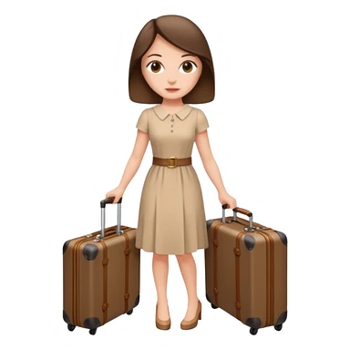 White woman in beige dress brunette with a suitcase LV sticker