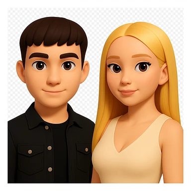 Slightly increase the volume of the upper body of the girl, separate the girl and the boy from each other, make the skin color the same for both. Maintain the cartoonish 3D style look as in the reference image. Keep the background transparent. sticker