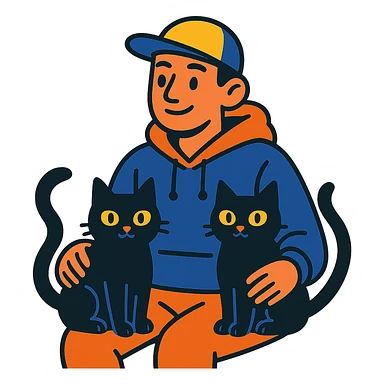 guy with a cap and hoodie, two black cats on his lap sticker