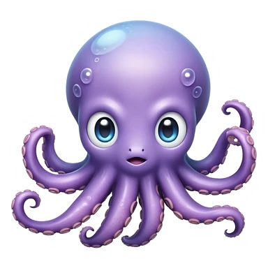 Meme-Worthy Floating Baby Octopus Portrait Emoji, Drifting gracefully in the water with soft, curled tentacles and a dreamy, weightless posture, showcasing a smooth, rounded light blue-purple body with mesmerizingly large, gentle eyes gazing into the abyss, Simplified yet poetically expressive features, highly detailed, glowing with a soft, celestial marine glow, high shine, quiet and mystical, stylized with an air of deep-sea serenity, soft glowing outline, capturing the essence of a tiny, peaceful cephalopod floating endlessly in the infinite beauty of the ocean depths! sticker