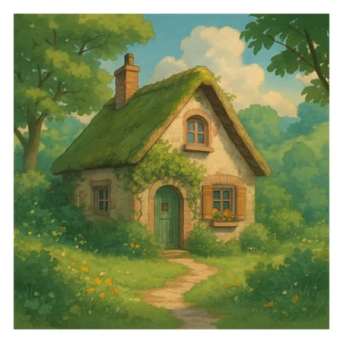 cozy cottage in a lush landscape with gentle lighting in ghibli style sticker