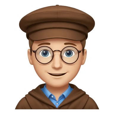 A man with sharp and thin face, brown round glasses, a brown hat and a brown costume (shoulders only), with blue eyes and a large smile on his face. sticker