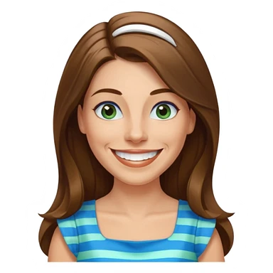 40 yr Caucasian woman, long brown hair parted on side, white stripe in hair, blue green dress ,big smile, white teeth, dimples, blue eyes sticker