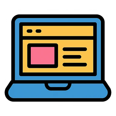 a stylized laptop with a website interface visible on the screen, flat design, icon style sticker
