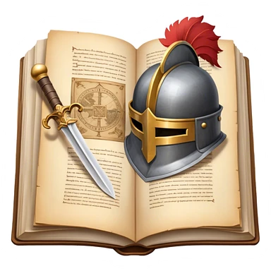 Icon for Historical Fiction Reading: an open book with pages showing ancient scrolls, a quill, a large knight's helmet, bowl and a parchment map. The icon should evoke the adventure and grandeur of historical settings and storytelling. Transparent background. sticker
